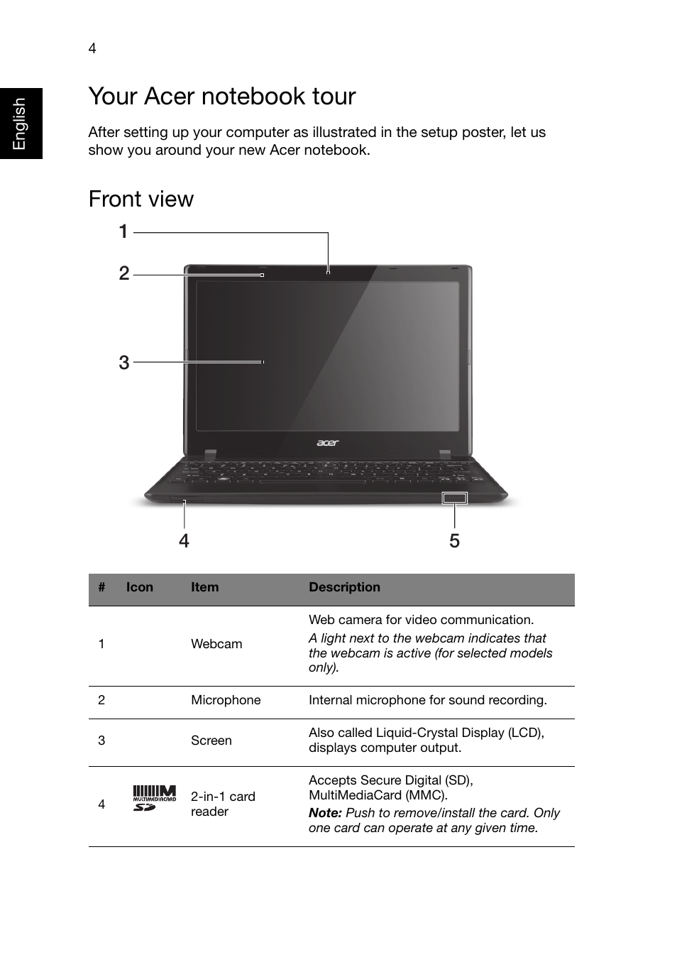 Your acer notebook tour, Front view | Acer AO756 User Manual | Page 4 / 11