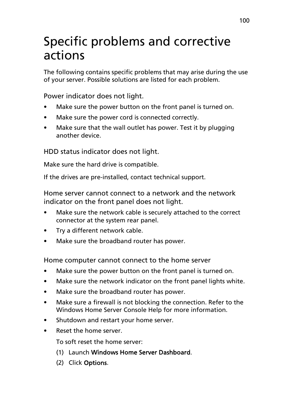 Specific problems and corrective actions | Acer RC111 User Manual | Page 100 / 103