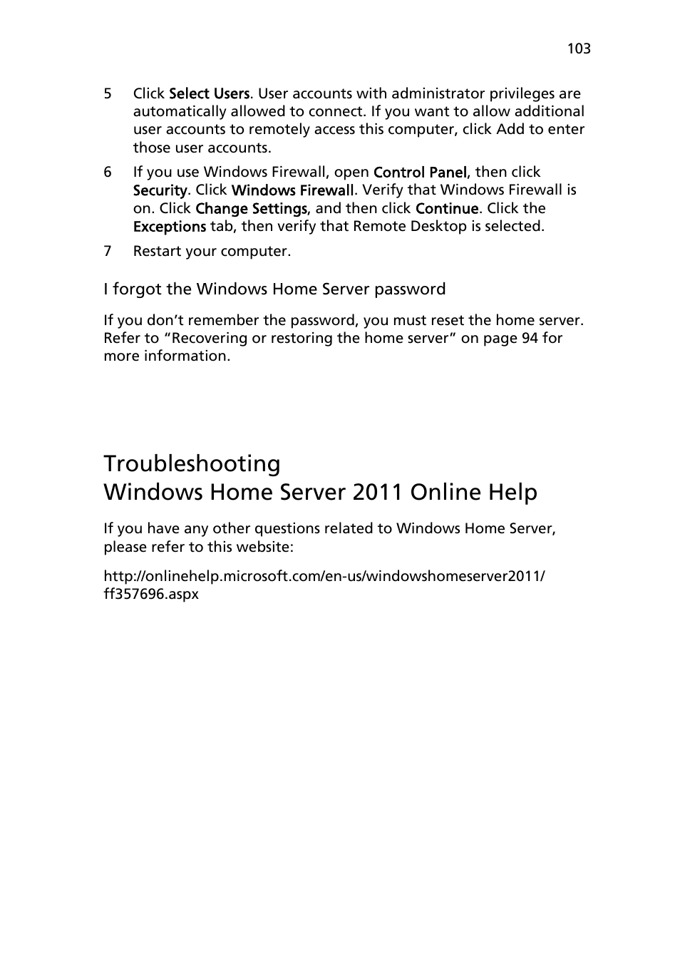 Windows home server 2011 online help | Acer RC111 User Manual | Page 103 / 103