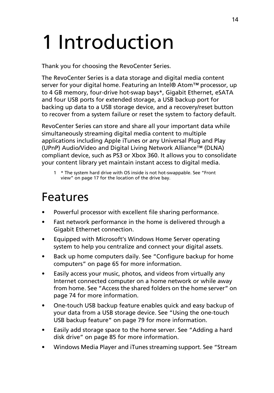 1 introduction, Features | Acer RC111 User Manual | Page 14 / 103