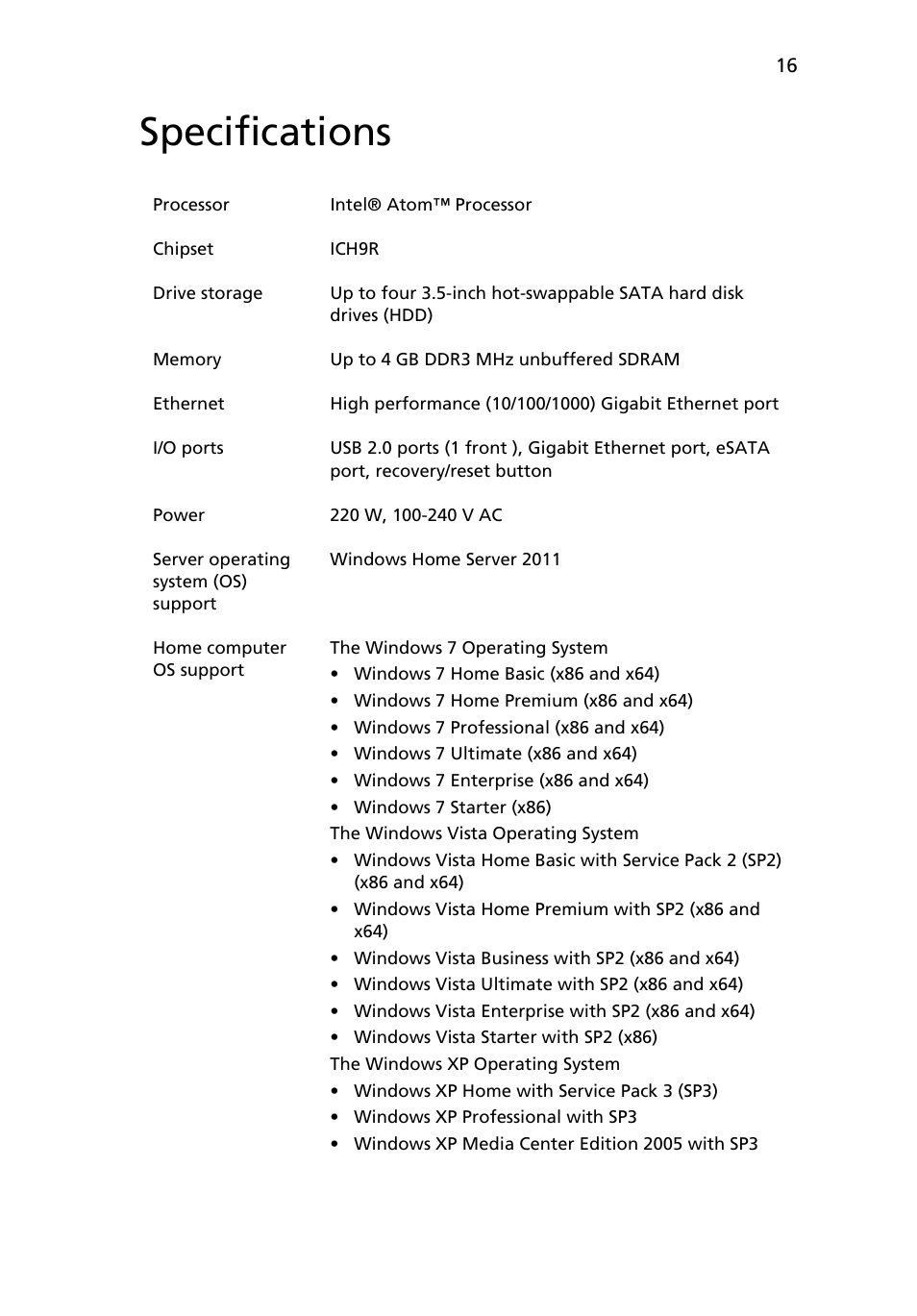 Specifications | Acer RC111 User Manual | Page 16 / 103