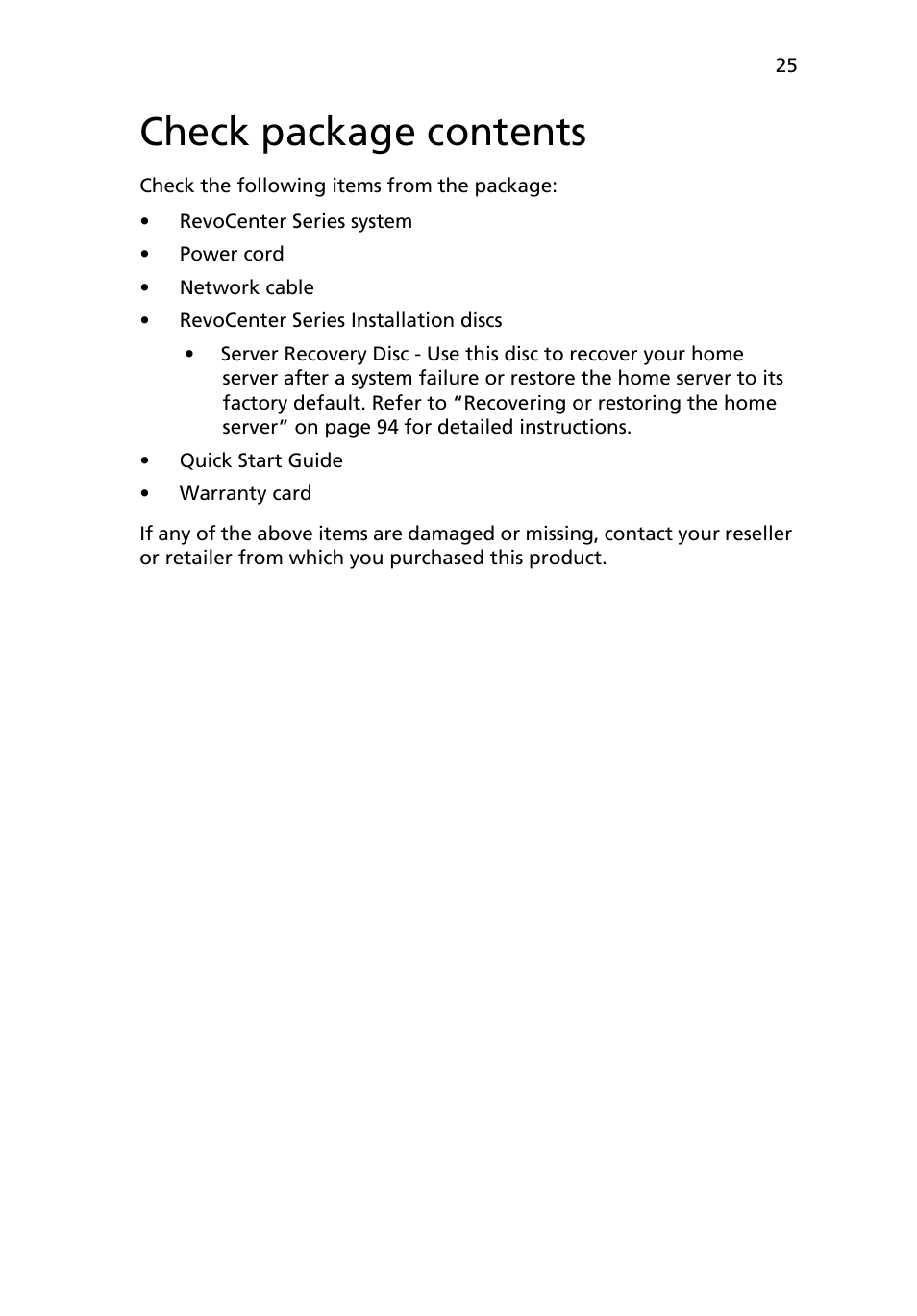 Check package contents | Acer RC111 User Manual | Page 25 / 103