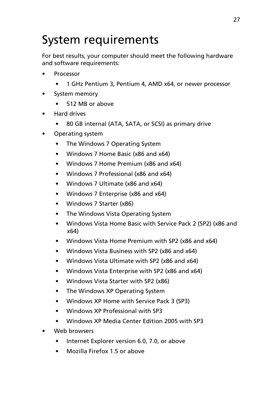 System requirements | Acer RC111 User Manual | Page 27 / 103