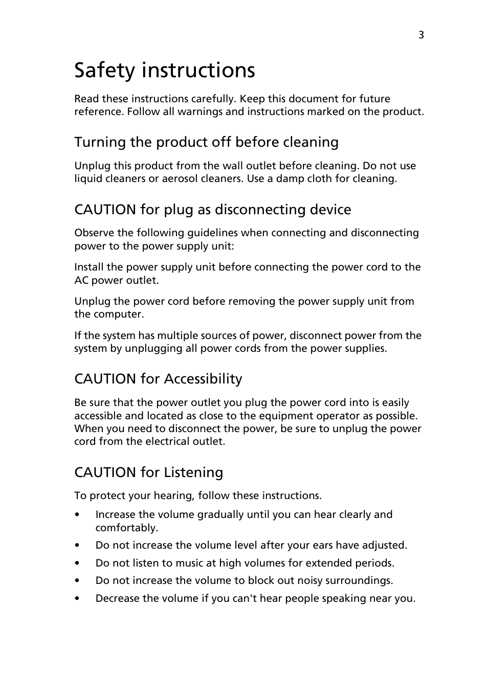 Safety instructions, Turning the product off before cleaning, Caution for plug as disconnecting device | Caution for accessibility, Caution for listening | Acer RC111 User Manual | Page 3 / 103
