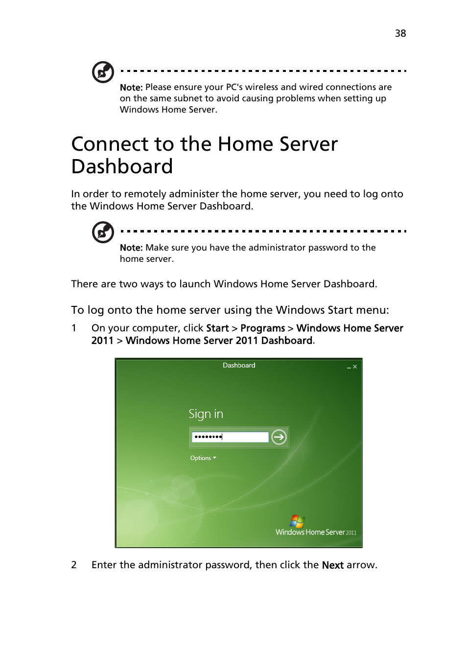 Connect to the home server dashboard | Acer RC111 User Manual | Page 38 / 103