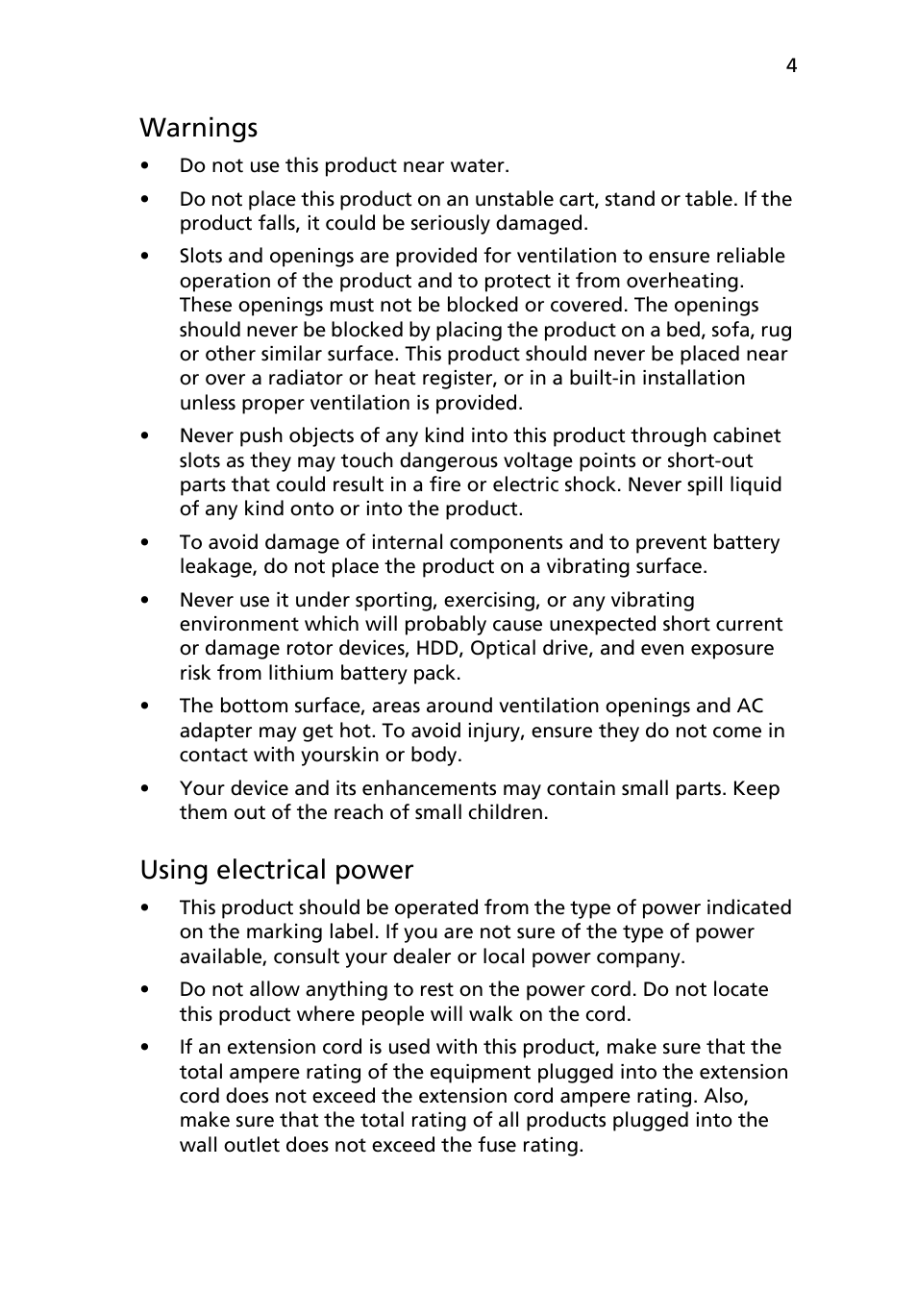 Warnings, Using electrical power | Acer RC111 User Manual | Page 4 / 103