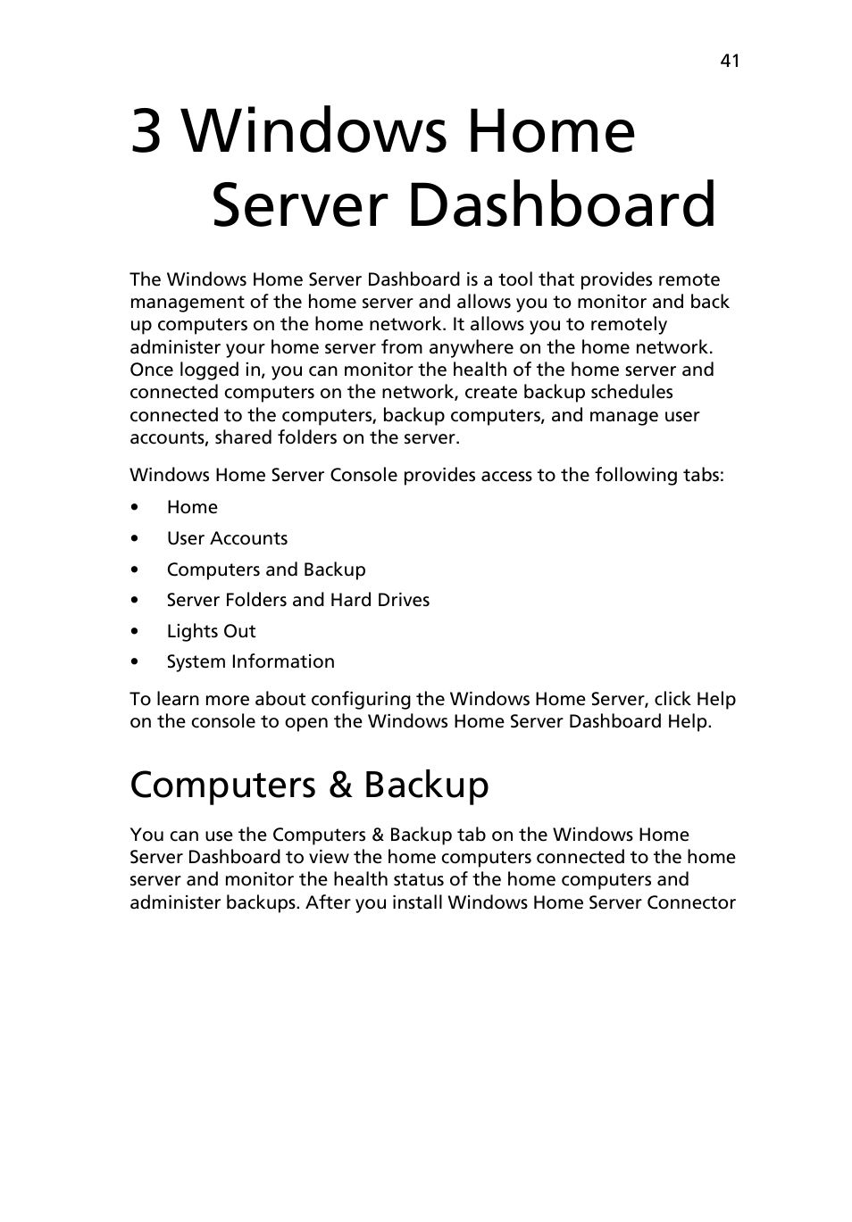 3 windows home server dashboard, Computers & backup | Acer RC111 User Manual | Page 41 / 103