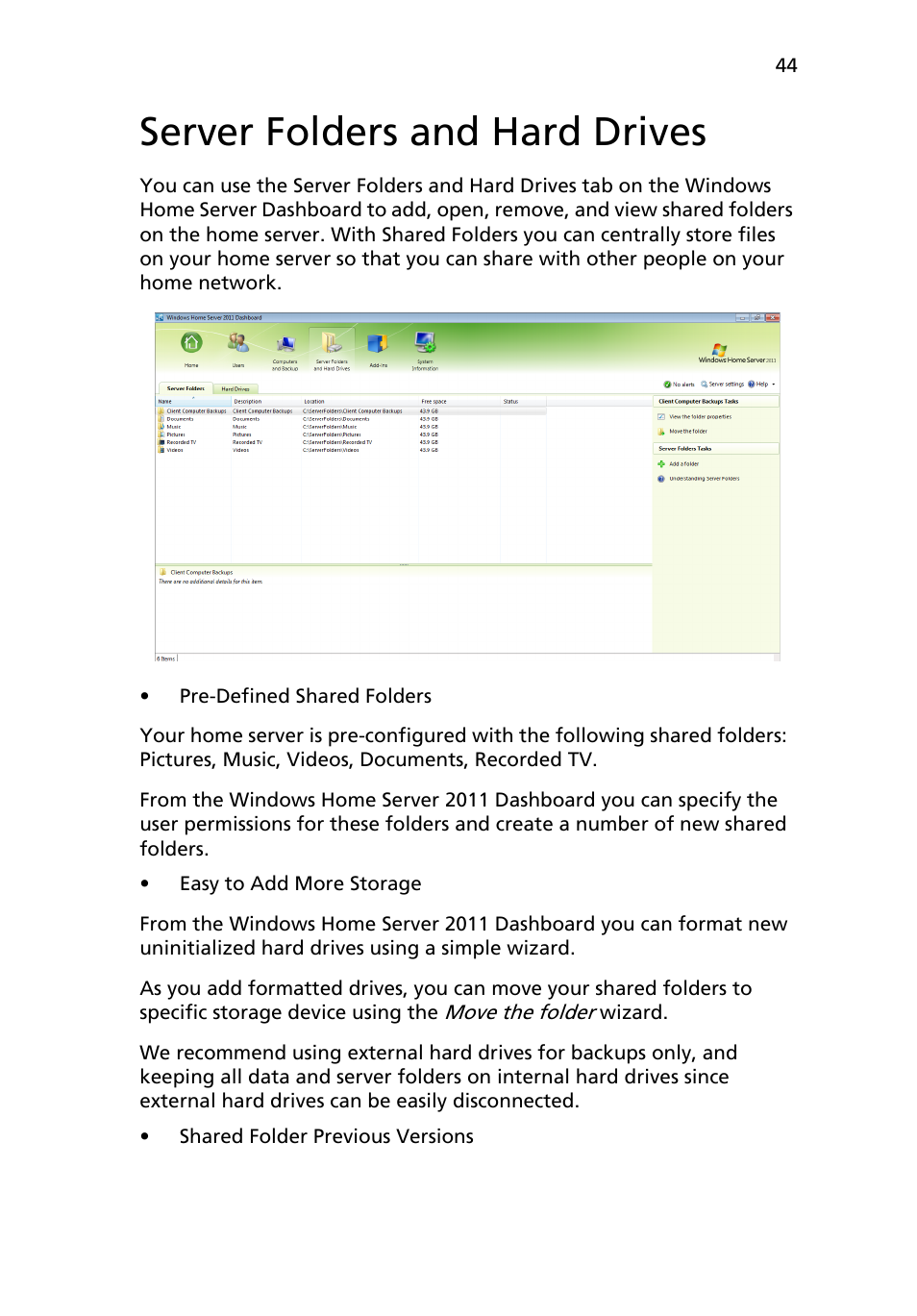 Server folders and hard drives | Acer RC111 User Manual | Page 44 / 103