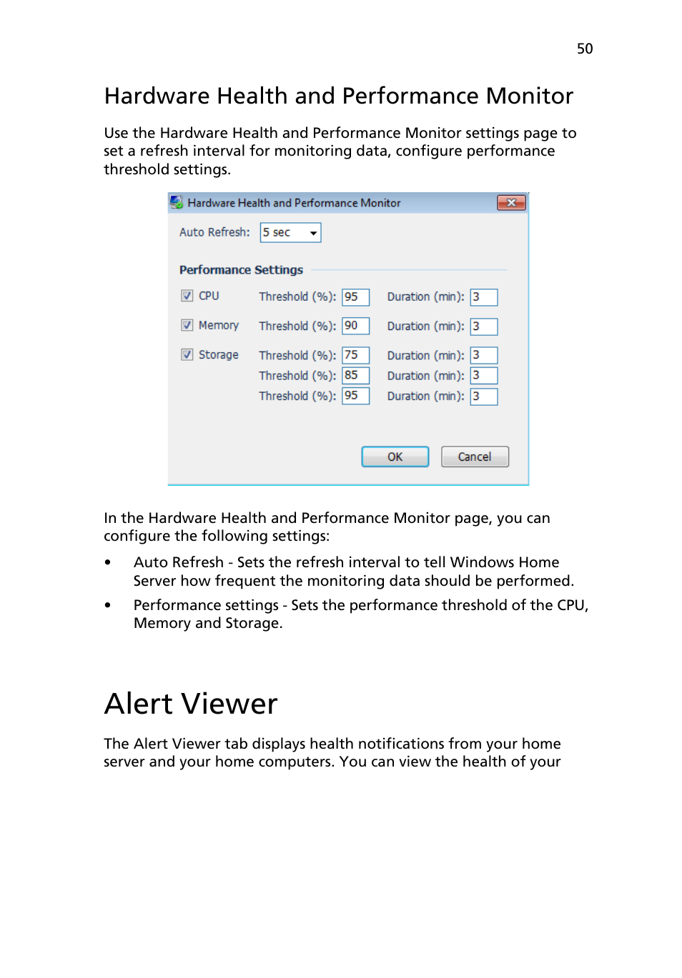 Hardware health and performance monitor, Alert viewer | Acer RC111 User Manual | Page 50 / 103