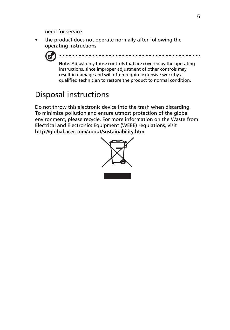 Disposal instructions | Acer RC111 User Manual | Page 6 / 103