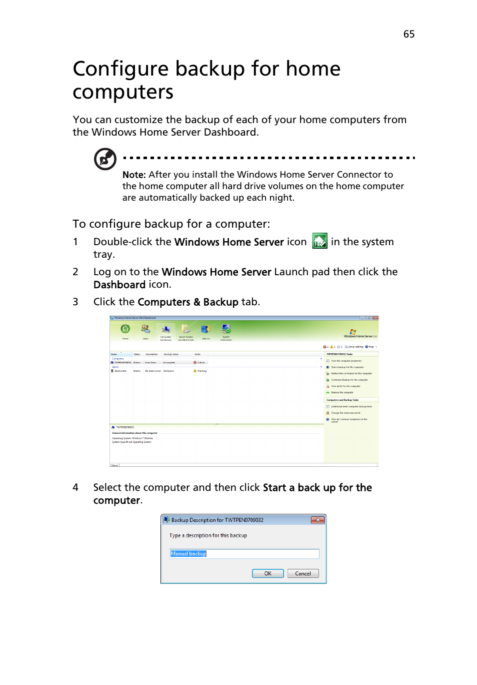 Configure backup for home computers | Acer RC111 User Manual | Page 65 / 103