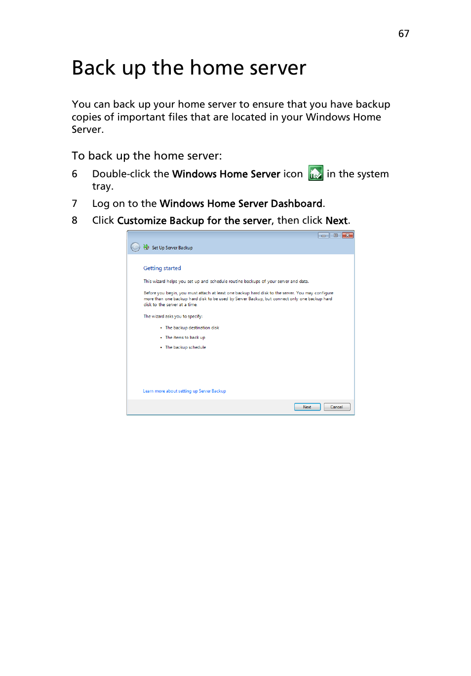 Back up the home server | Acer RC111 User Manual | Page 67 / 103