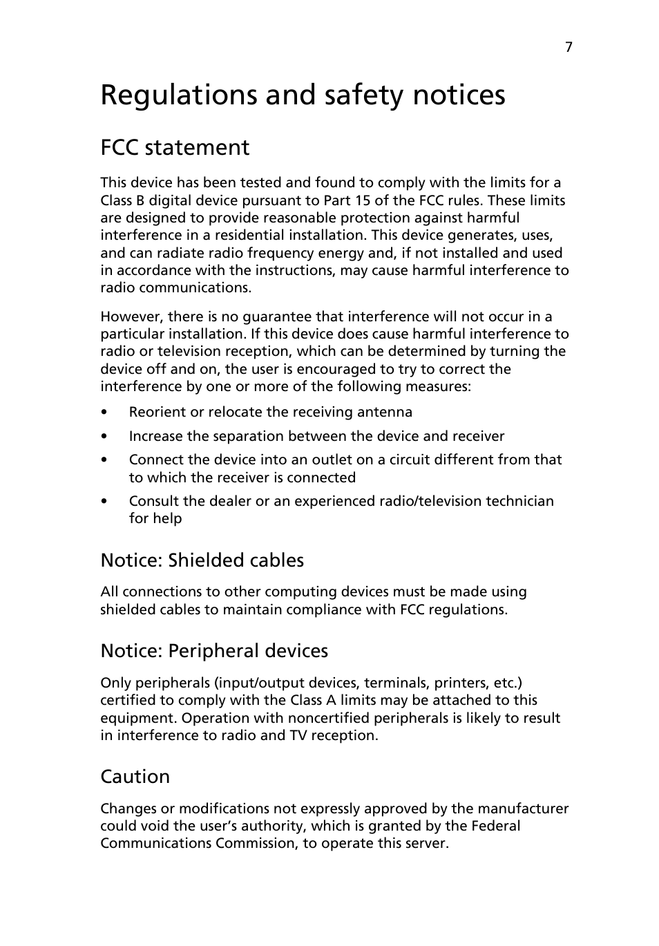 Regulations and safety notices, Fcc statement, Notice: shielded cables | Notice: peripheral devices, Caution | Acer RC111 User Manual | Page 7 / 103