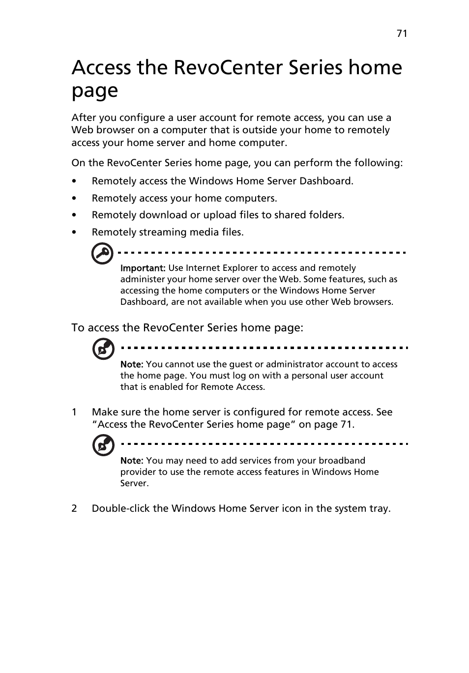 Access the revocenter series home page | Acer RC111 User Manual | Page 71 / 103