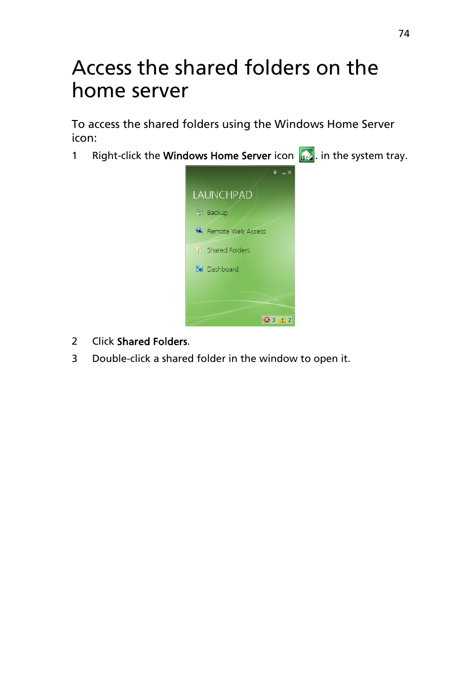 Access the shared folders on the home server | Acer RC111 User Manual | Page 74 / 103