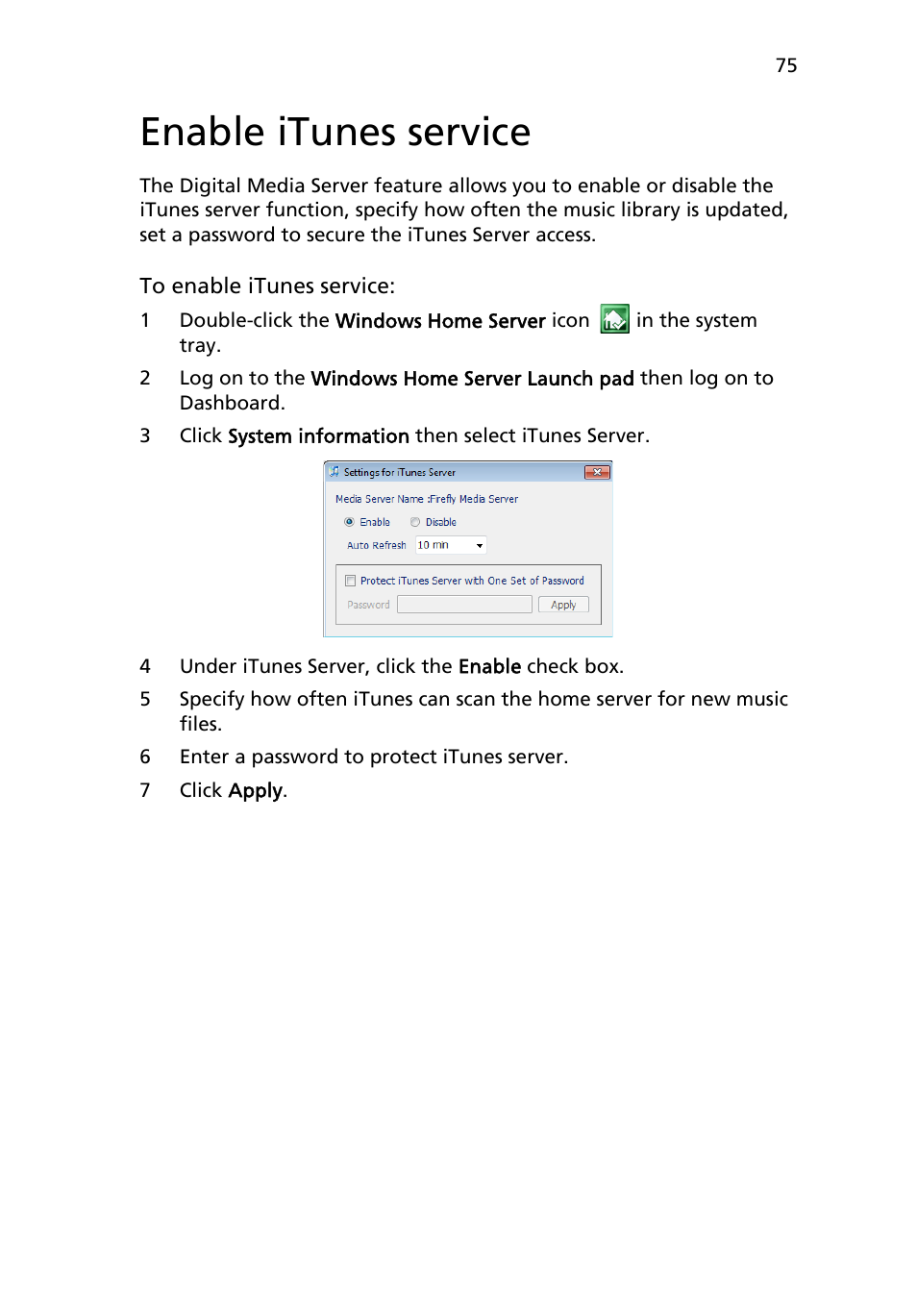 Enable itunes service | Acer RC111 User Manual | Page 75 / 103