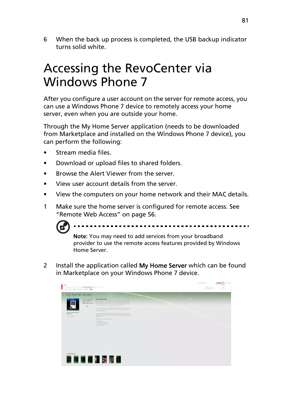 Accessing the revocenter via windows phone 7 | Acer RC111 User Manual | Page 81 / 103