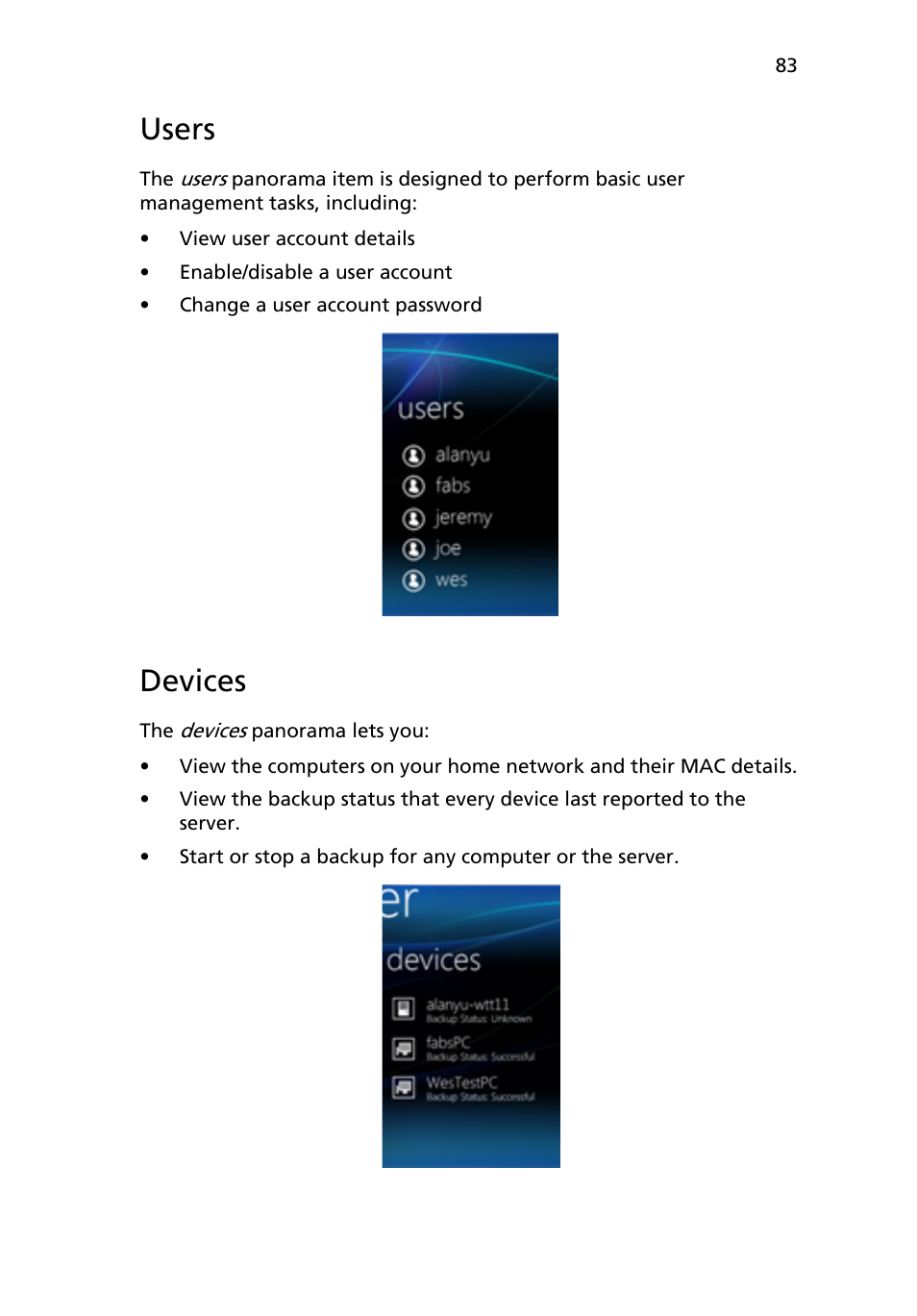 Users, Devices | Acer RC111 User Manual | Page 83 / 103