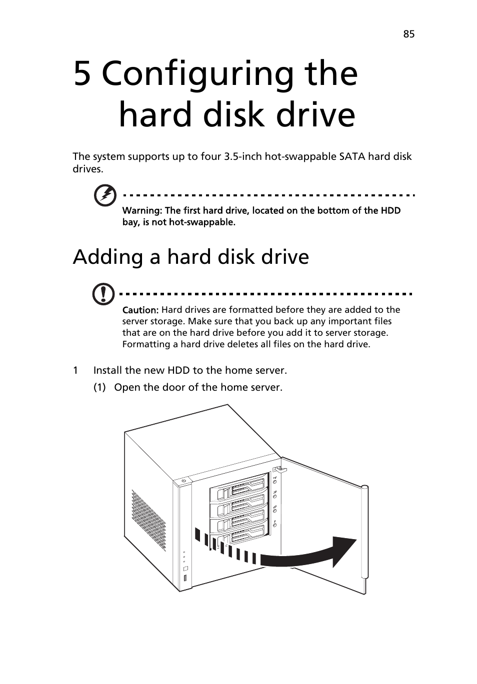 5 configuring the hard disk drive, Adding a hard disk drive | Acer RC111 User Manual | Page 85 / 103