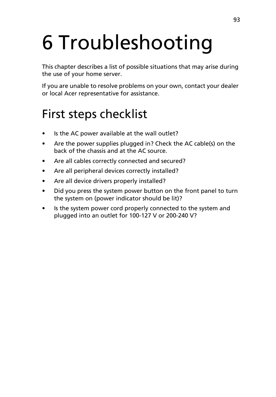 6 troubleshooting, First steps checklist | Acer RC111 User Manual | Page 93 / 103