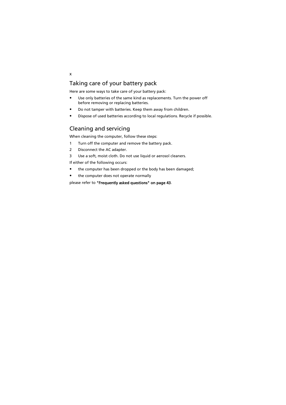 Taking care of your battery pack, Cleaning and servicing | Acer Aspire 3660 User Manual | Page 10 / 101
