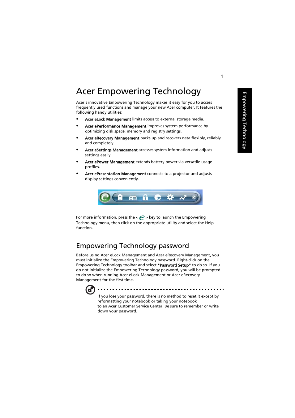 Acer empowering technology, Empowering technology password | Acer Aspire 3660 User Manual | Page 15 / 101