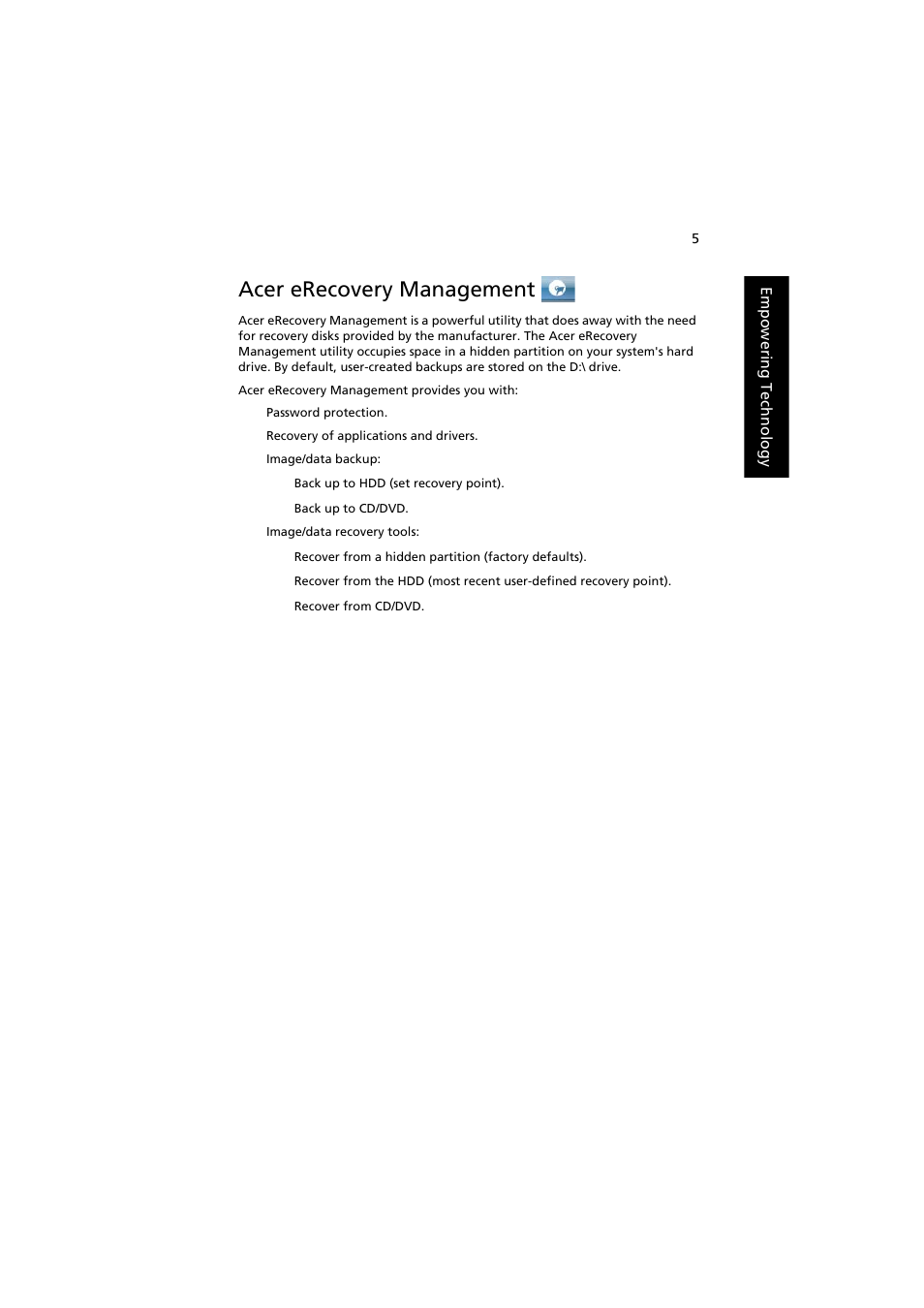 Acer erecovery management | Acer Aspire 3660 User Manual | Page 19 / 101