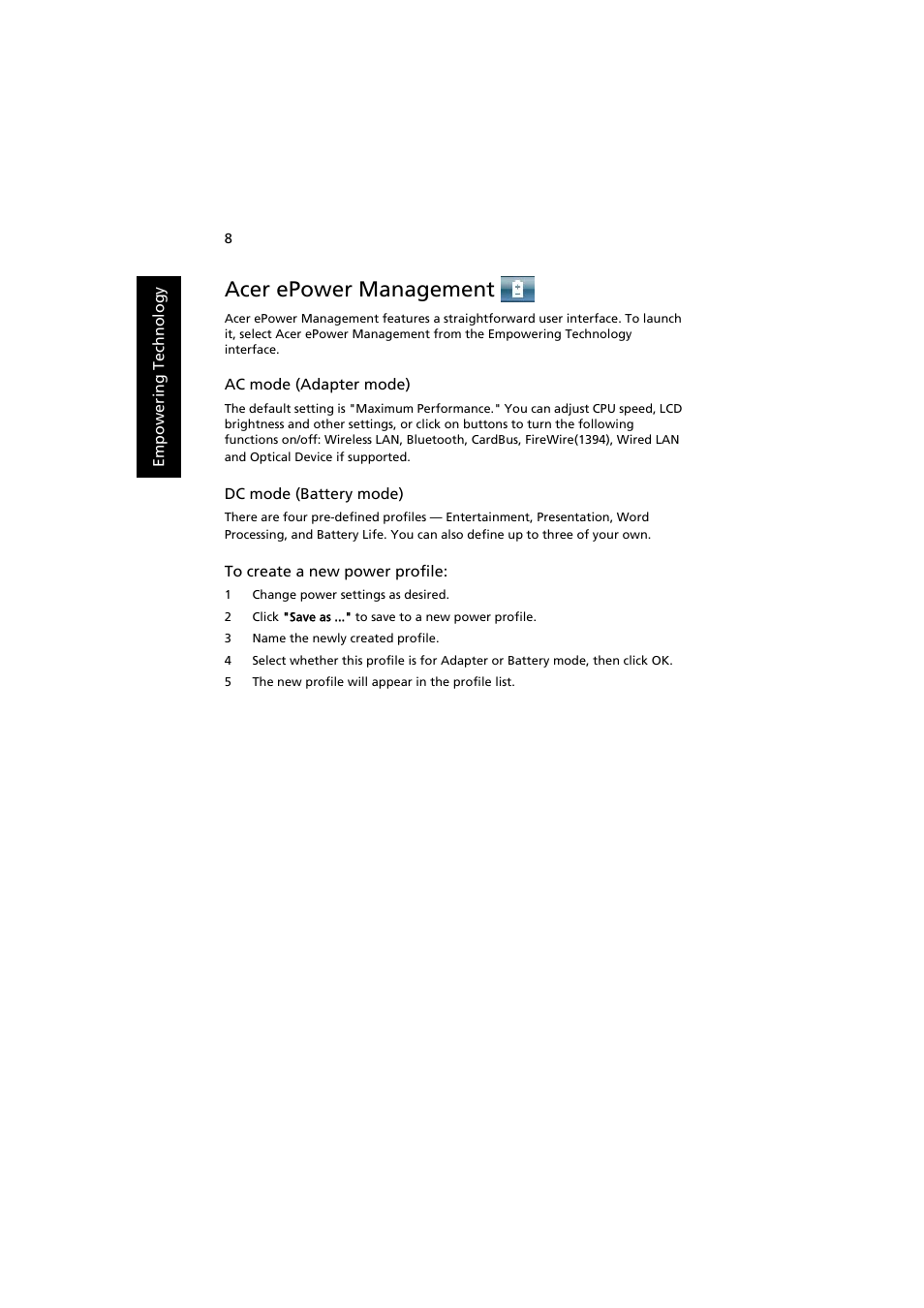 Acer epower management | Acer Aspire 3660 User Manual | Page 22 / 101