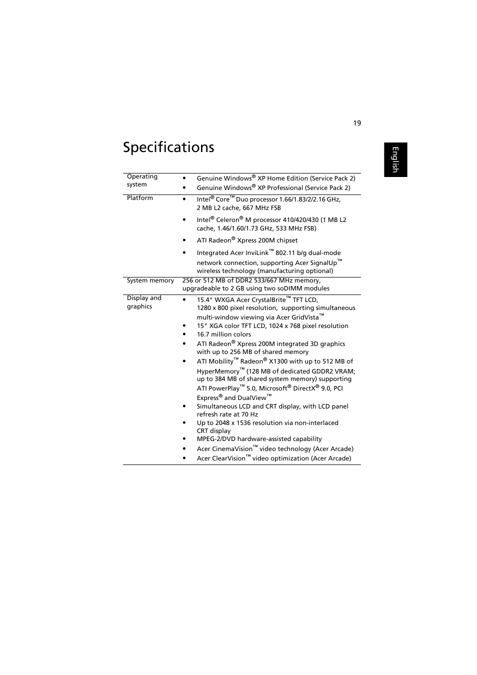 Specifications | Acer Aspire 3660 User Manual | Page 33 / 101