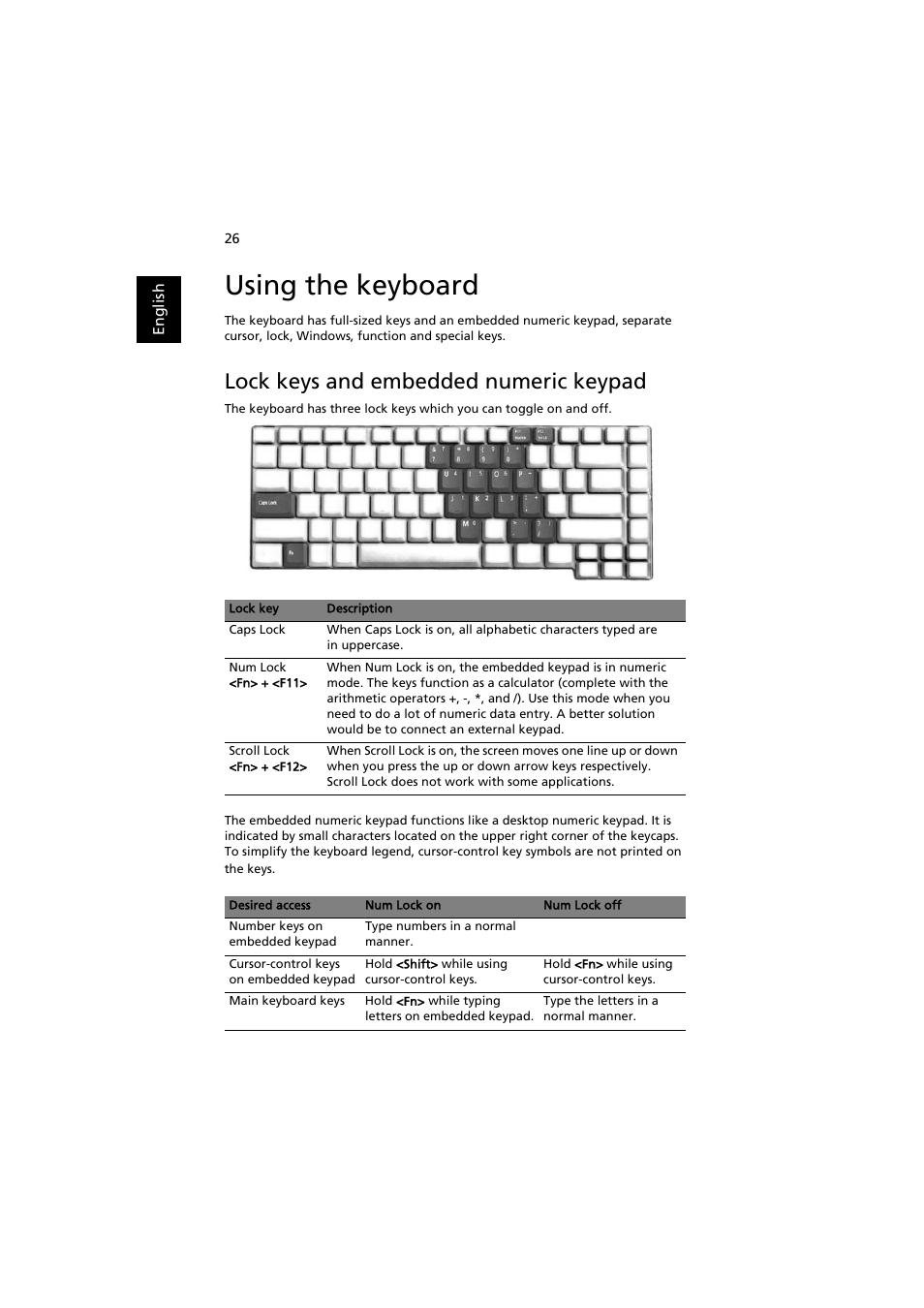 Using the keyboard, Lock keys and embedded numeric keypad, Lock keys and embedded numeric keypad 26 | Acer Aspire 3660 User Manual | Page 40 / 101