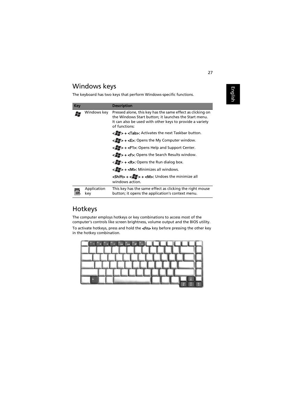Windows keys, Hotkeys | Acer Aspire 3660 User Manual | Page 41 / 101