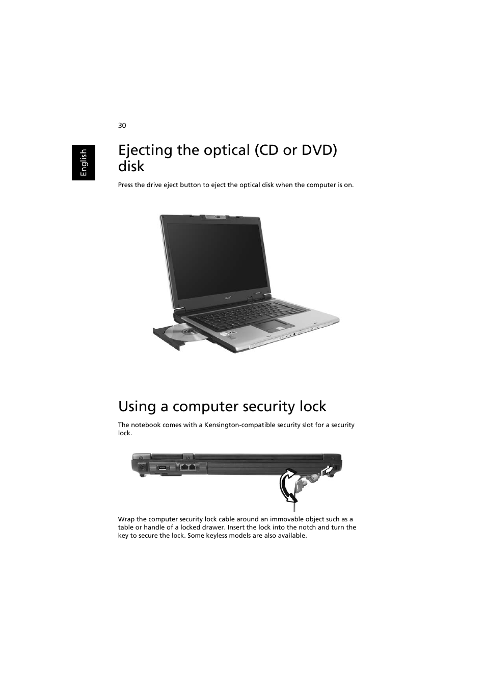 Ejecting the optical (cd or dvd) disk, Using a computer security lock | Acer Aspire 3660 User Manual | Page 44 / 101