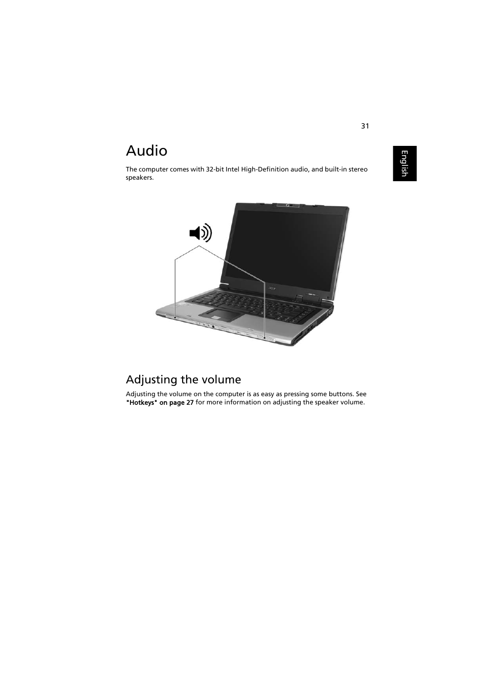 Audio, Adjusting the volume | Acer Aspire 3660 User Manual | Page 45 / 101