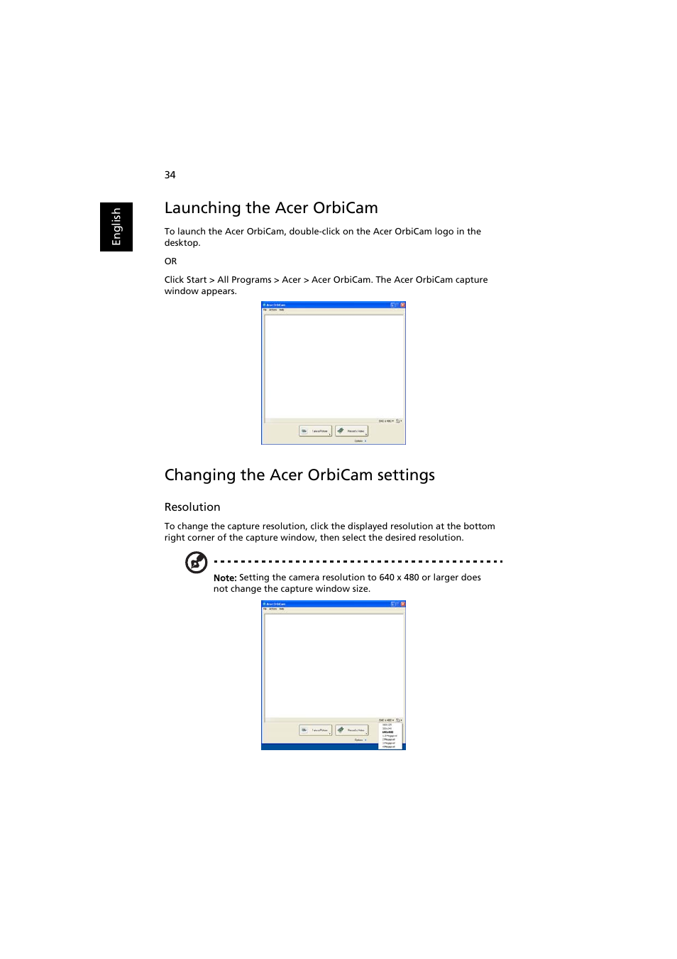 Launching the acer orbicam, Changing the acer orbicam settings | Acer Aspire 3660 User Manual | Page 48 / 101