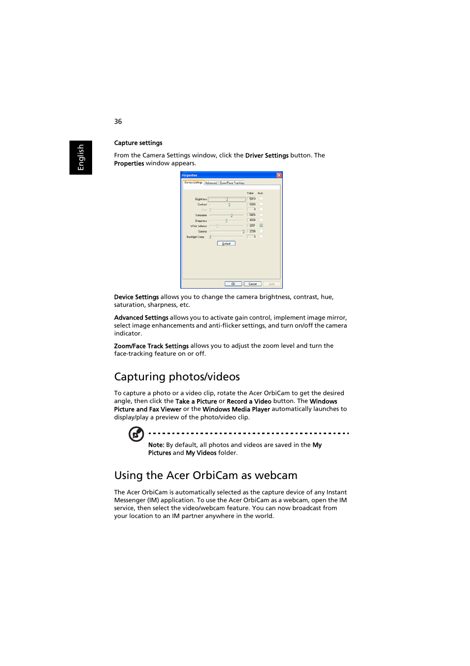 Capturing photos/videos, Using the acer orbicam as webcam | Acer Aspire 3660 User Manual | Page 50 / 101