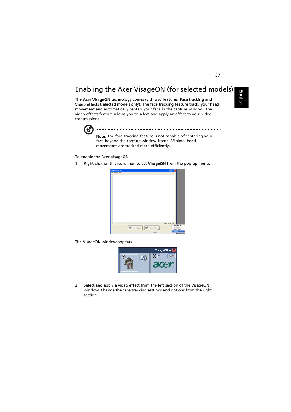 Enabling the acer visageon, Enabling the acer visageon (for selected models) | Acer Aspire 3660 User Manual | Page 51 / 101