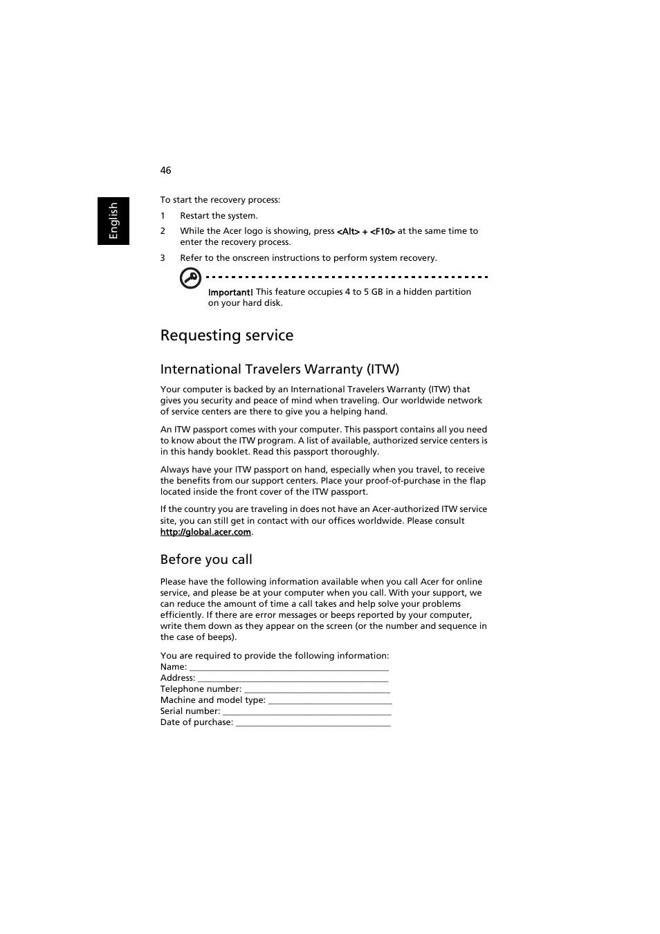 Requesting service, International travelers warranty (itw) 46, Before you call | International travelers warranty (itw) | Acer Aspire 3660 User Manual | Page 60 / 101