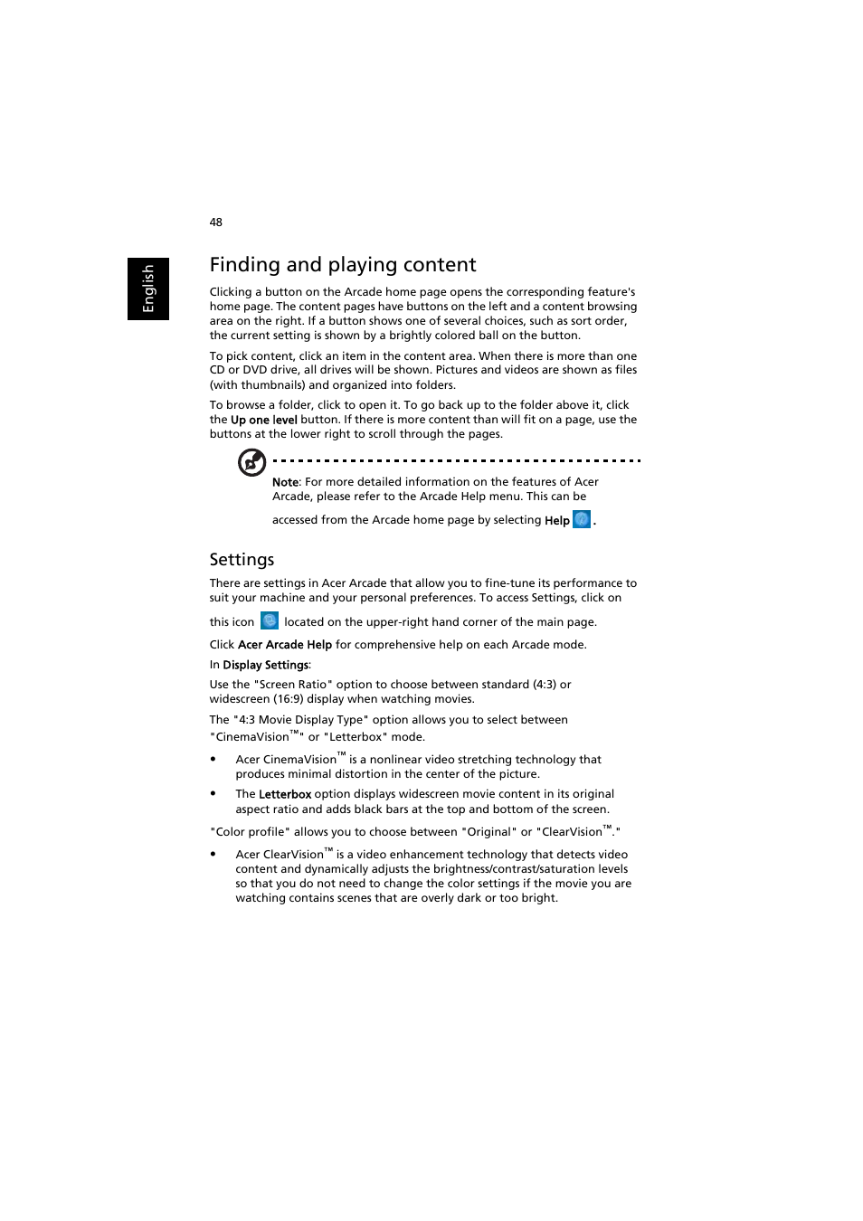 Finding and playing content, Settings | Acer Aspire 3660 User Manual | Page 62 / 101