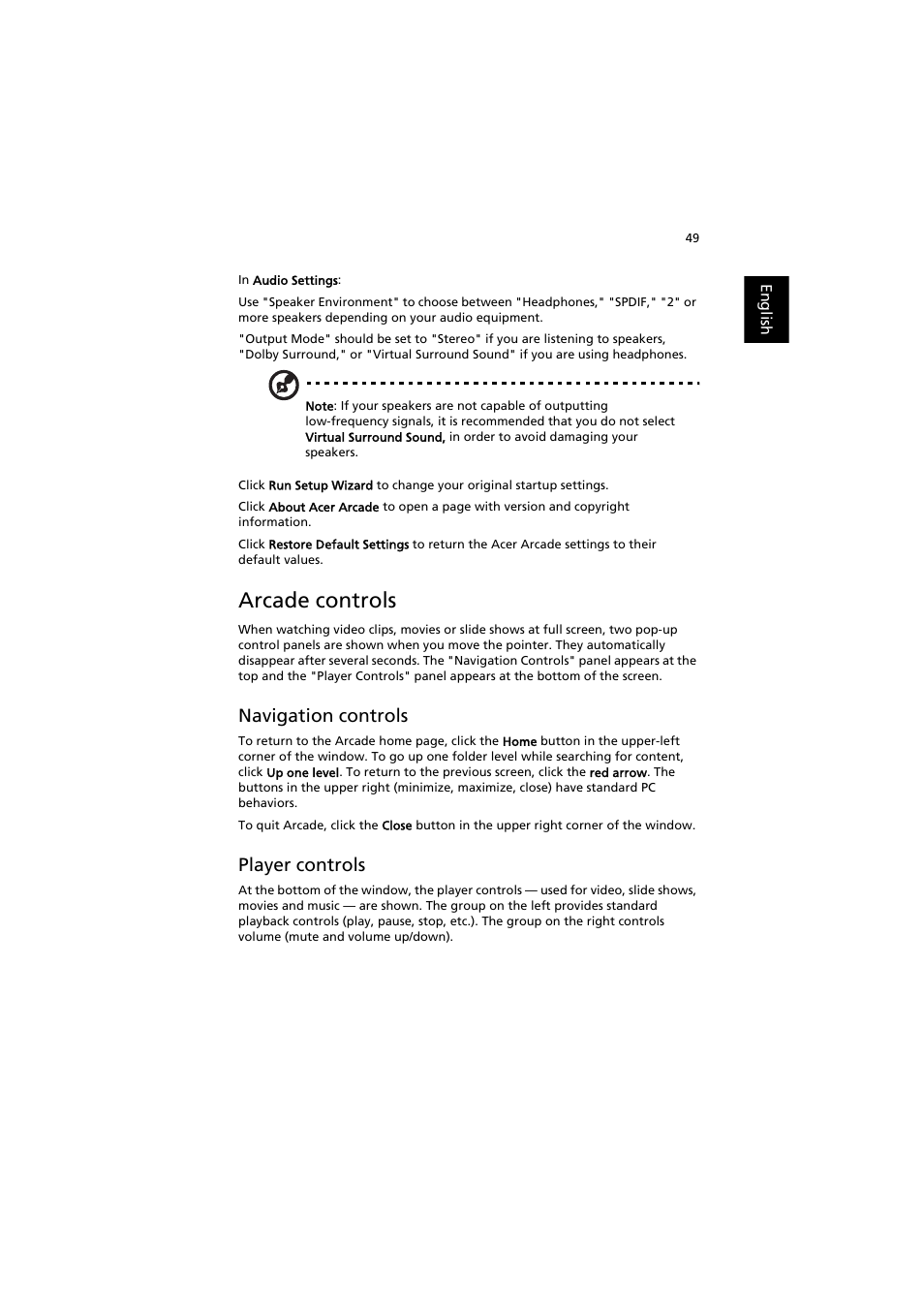 Arcade controls, Navigation controls, Player controls | Acer Aspire 3660 User Manual | Page 63 / 101