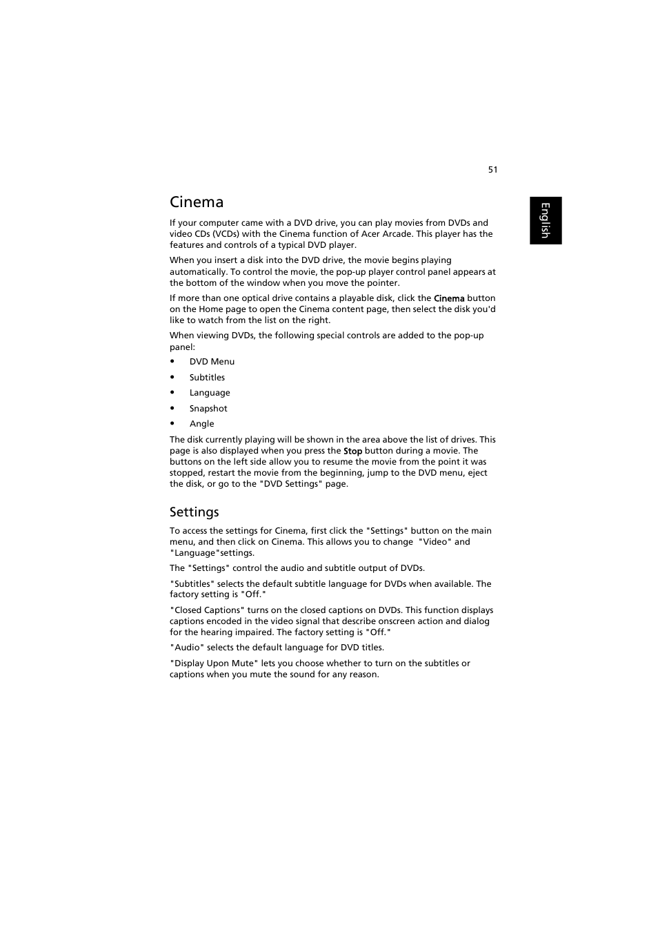 Cinema, Settings | Acer Aspire 3660 User Manual | Page 65 / 101