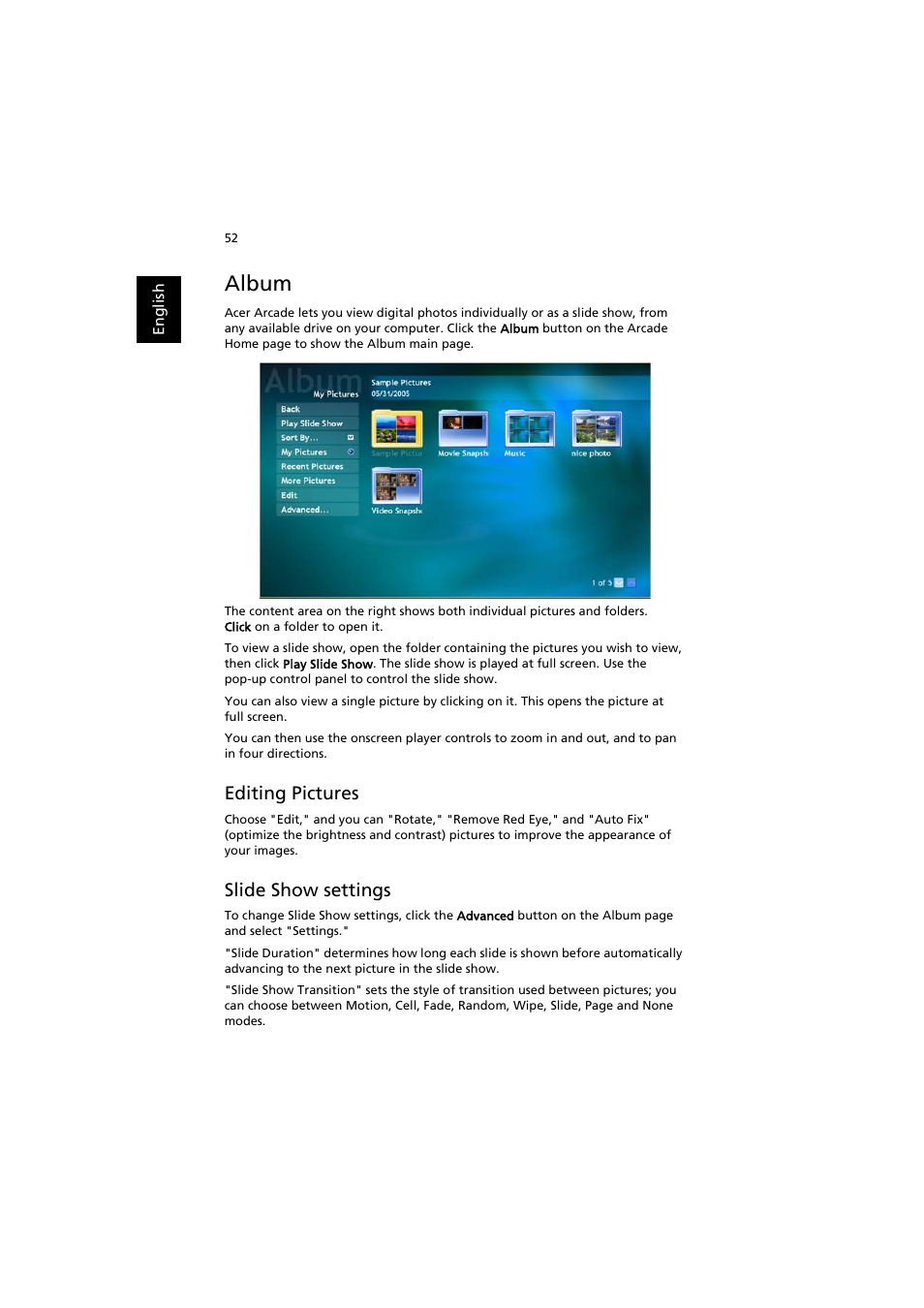 Album, Editing pictures, Slide show settings | Acer Aspire 3660 User Manual | Page 66 / 101