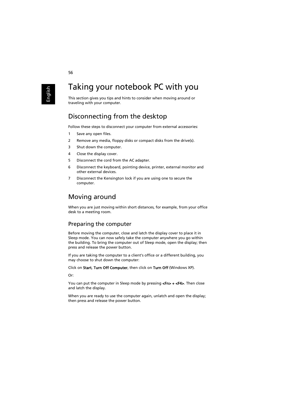 Taking your notebook pc with you, Disconnecting from the desktop, Moving around | Preparing the computer | Acer Aspire 3660 User Manual | Page 70 / 101