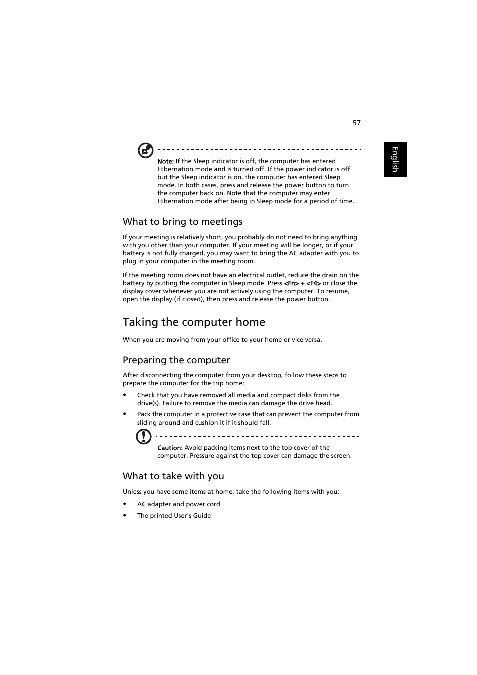 Taking the computer home, What to bring to meetings, Preparing the computer | What to take with you | Acer Aspire 3660 User Manual | Page 71 / 101