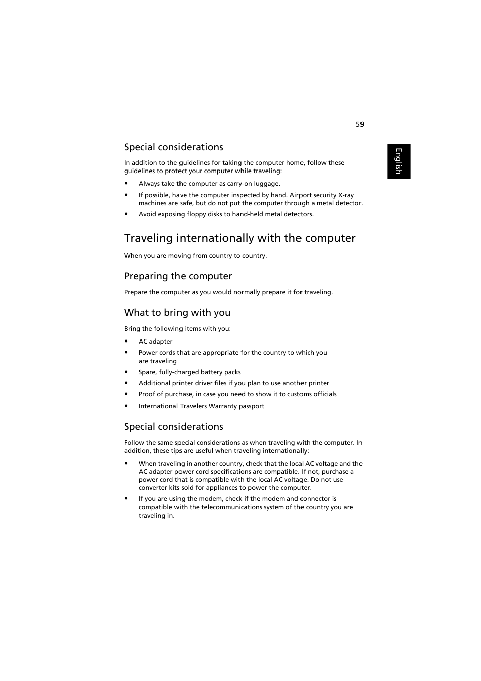 Traveling internationally with the computer, Special considerations, Traveling internationally with the computer59 | Preparing the computer, What to bring with you | Acer Aspire 3660 User Manual | Page 73 / 101