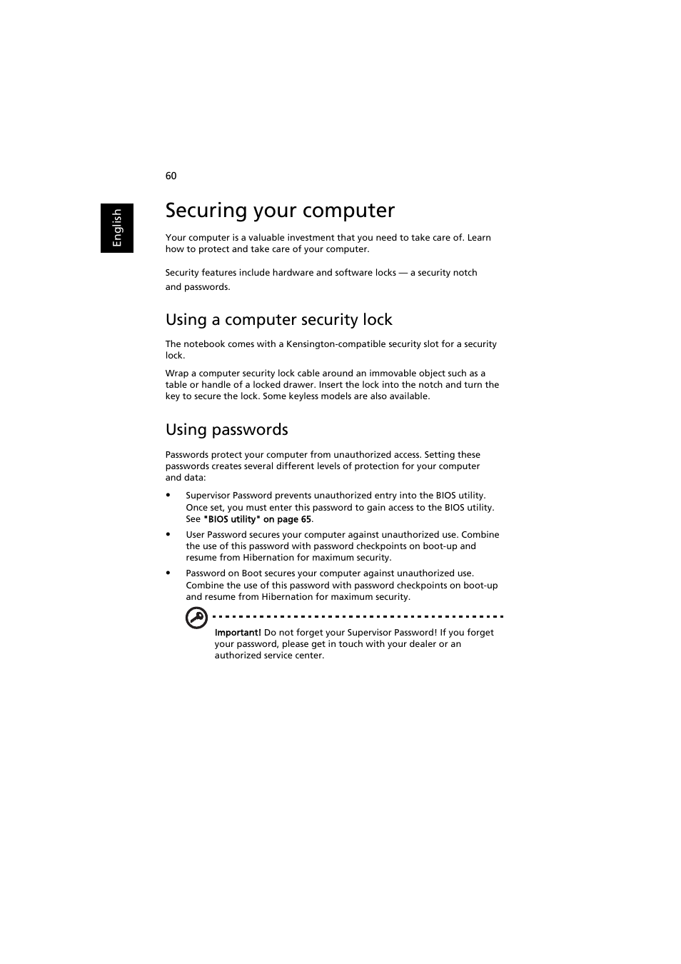 Securing your computer, Using a computer security lock, Using passwords | Acer Aspire 3660 User Manual | Page 74 / 101