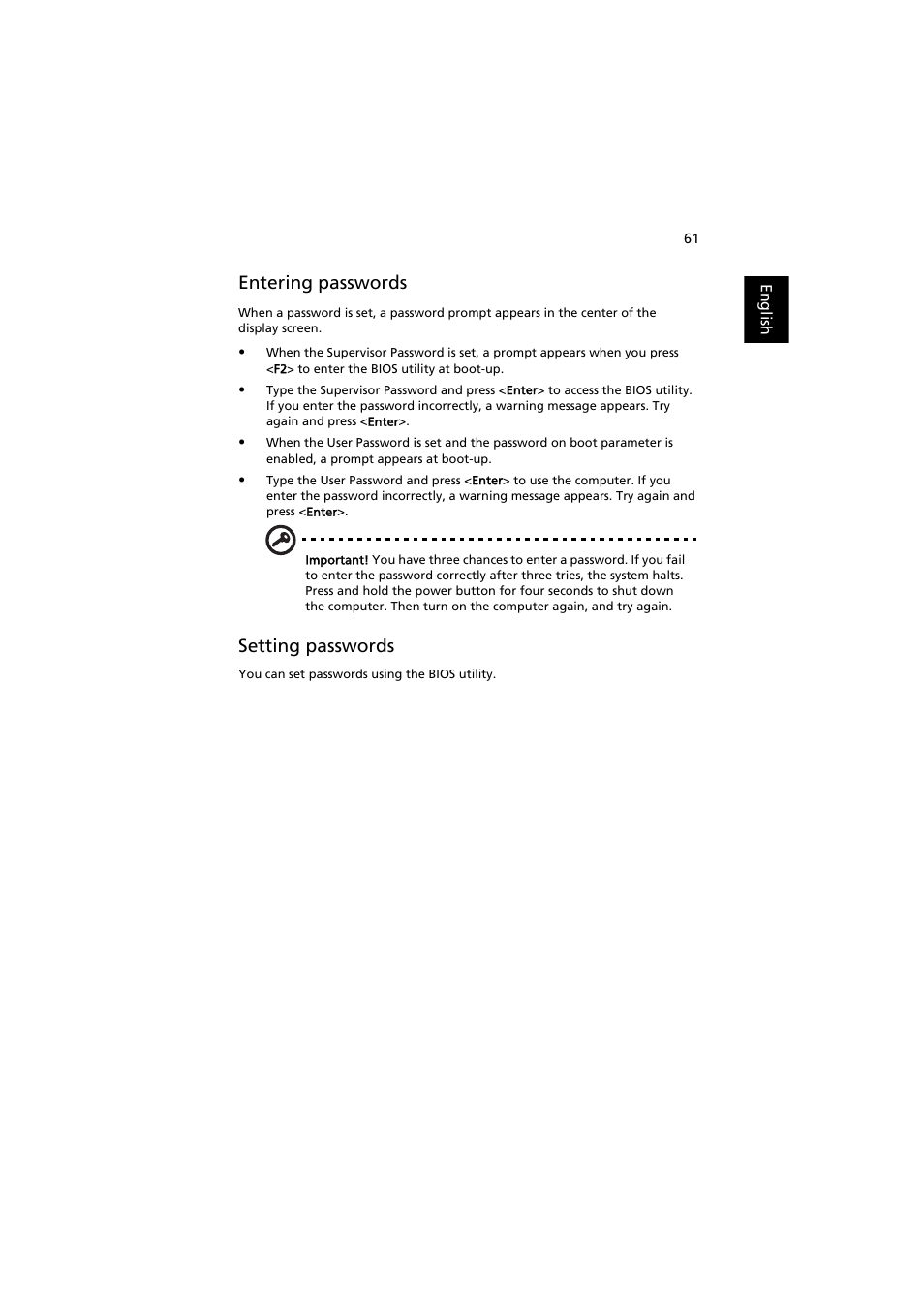 Entering passwords, Setting passwords | Acer Aspire 3660 User Manual | Page 75 / 101