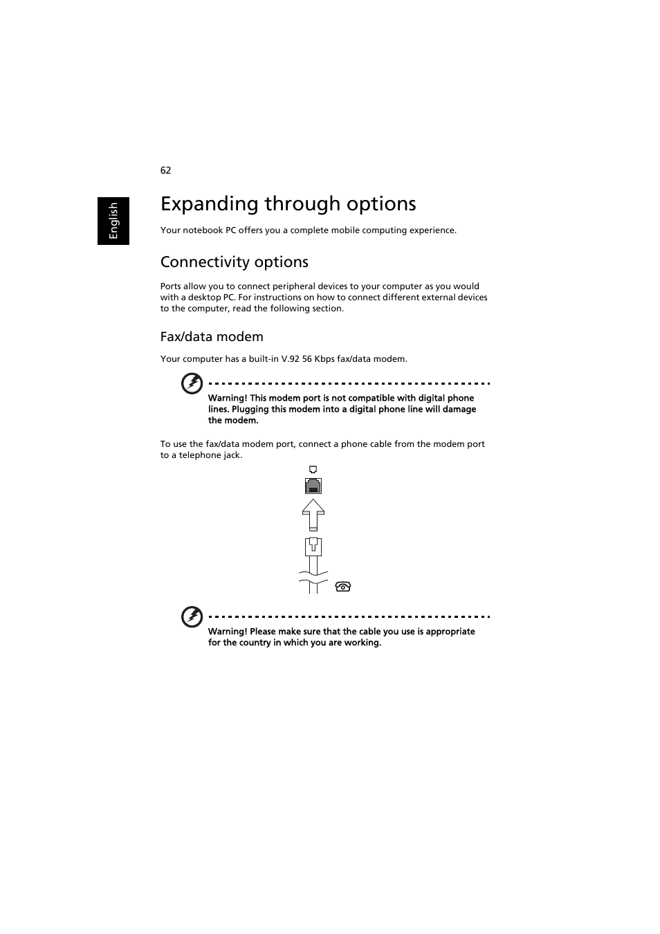 Expanding through options, Connectivity options, Fax/data modem | Acer Aspire 3660 User Manual | Page 76 / 101