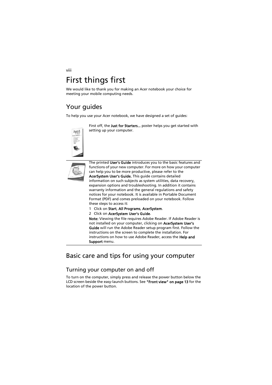 First things first, Your guides, Basic care and tips for using your computer | Acer Aspire 3660 User Manual | Page 8 / 101