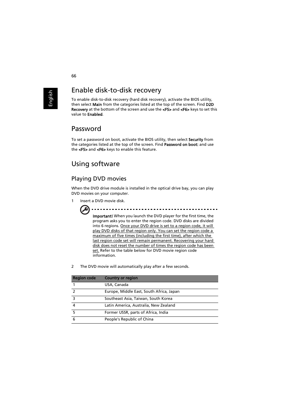 Using software, Enable disk-to-disk recovery, Password | Playing dvd movies | Acer Aspire 3660 User Manual | Page 80 / 101