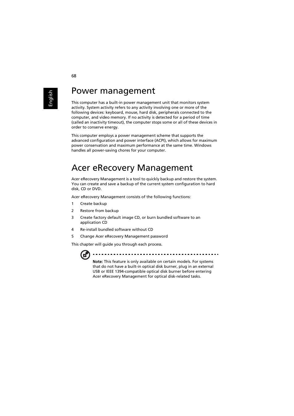 Power management, Acer erecovery management | Acer Aspire 3660 User Manual | Page 82 / 101